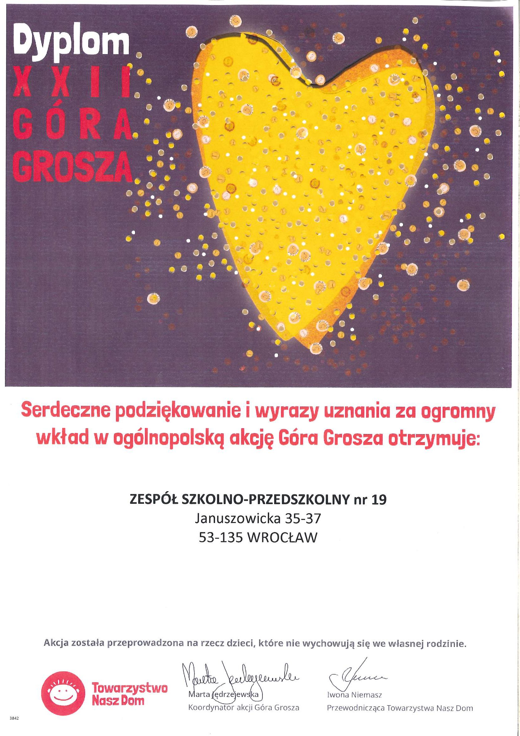 Dyplom dla ZSP nr 19 za udział w XXII edycji "Góry Grosza"
